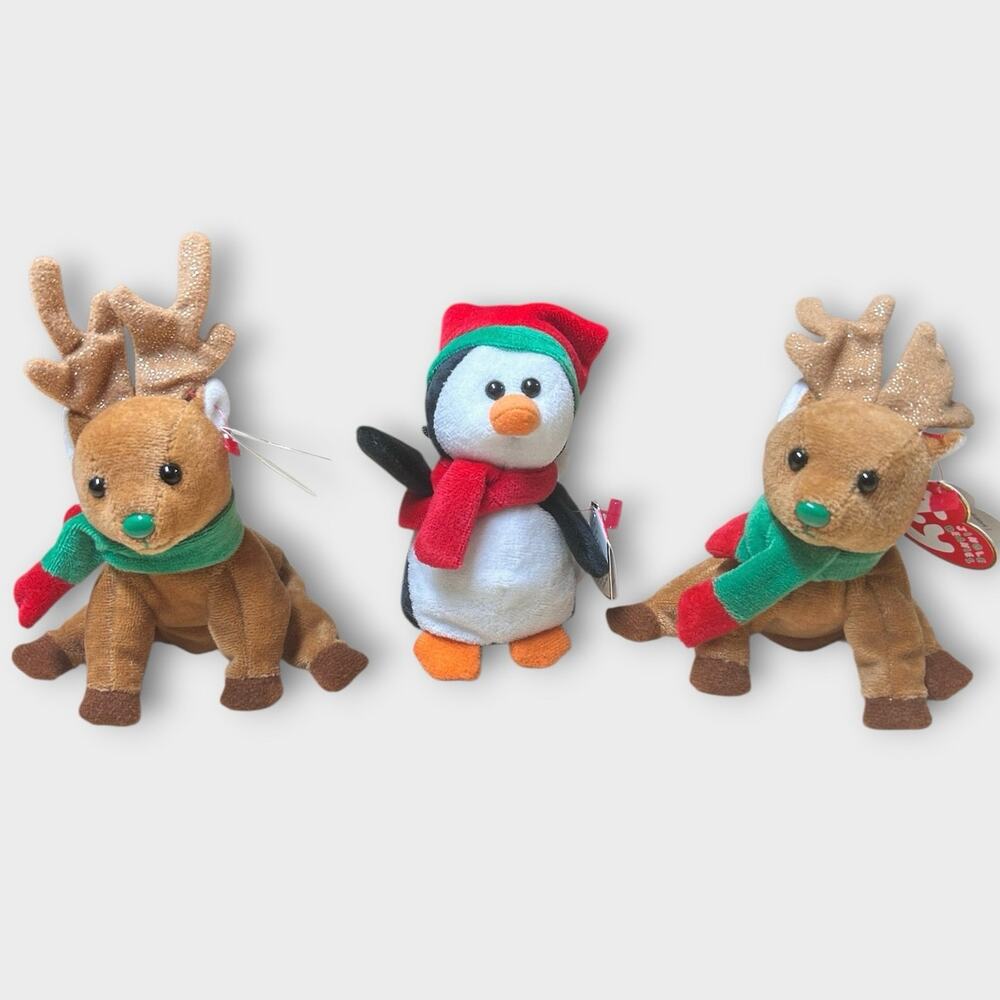 Ty Beanie Babies Jingly Christmas Plush Lot of 3 Reindeer & Penguin Set (2007)